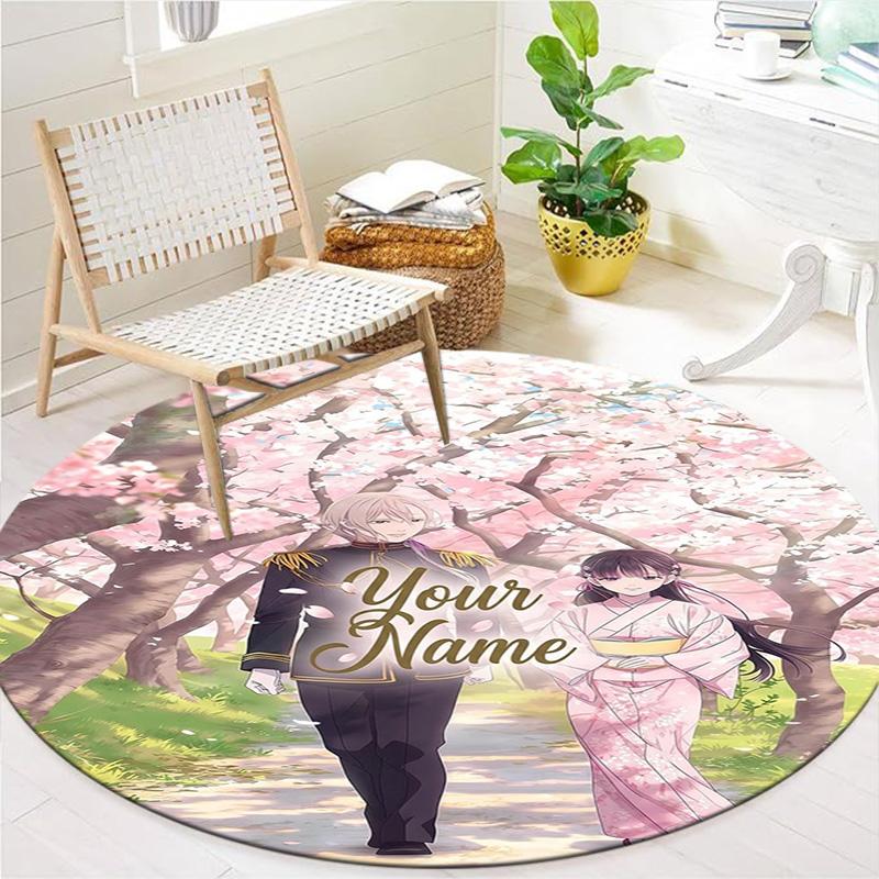 Cherry Blossom Journey Custom Name Round Area Rug Carpet Rug For Living Room Bedroom Sofa Playroom Decor Nonslip Floor Mat