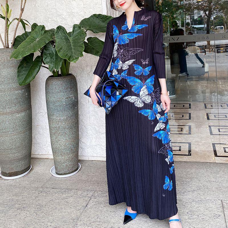 Spring and Autumn Women's Print Dress Plus Size Pleated Long dress Slim Design Sense High Stretch Long A-Line Dress