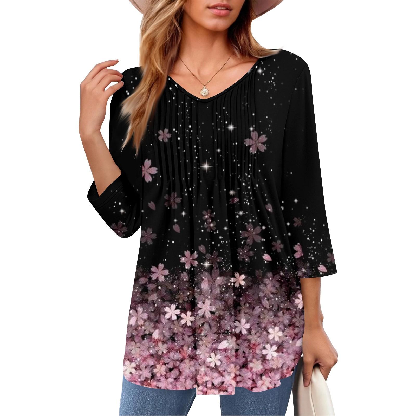 

Женские топы с V-образным вырезом и рукавом три четверти в полоску, плиссированные, повседневные, летние, модные, рубашки L тёмно-синий