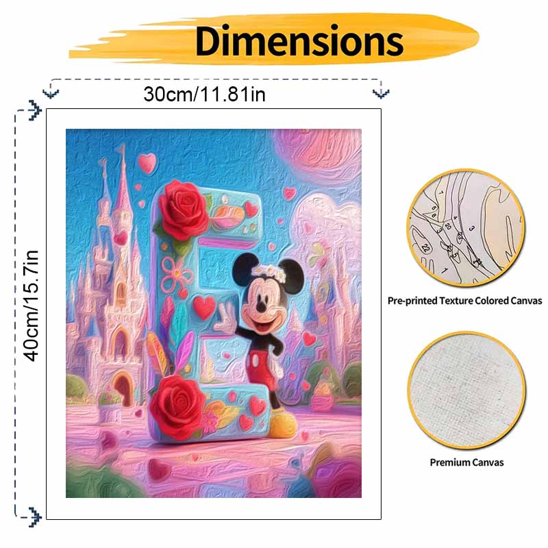 Disney oil painting art painting kit, Mickey Mouse letter E flower handmade diy art painting home wall decoration, dreamy castle room decor