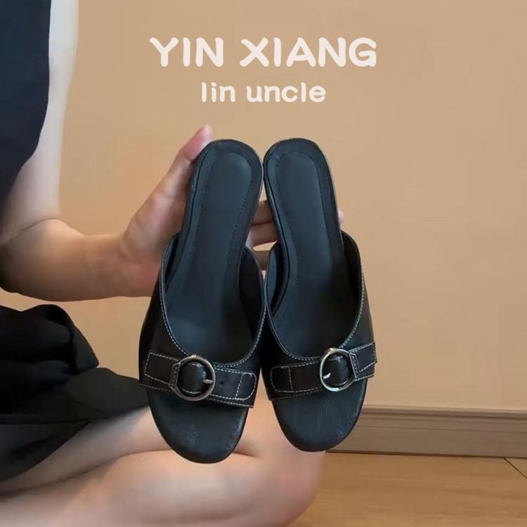 Cowhide version~ retro niche one-pedal leather half slippers women's summer outer wear holiday open-toed fish mouth cool slippers