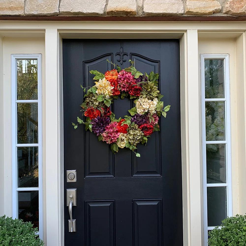 New Spring Summer Simulated Hydrangea Wreath Front Door Garland Colorful Simulated Peony Wreath Front Door Wall Hanging Decorati