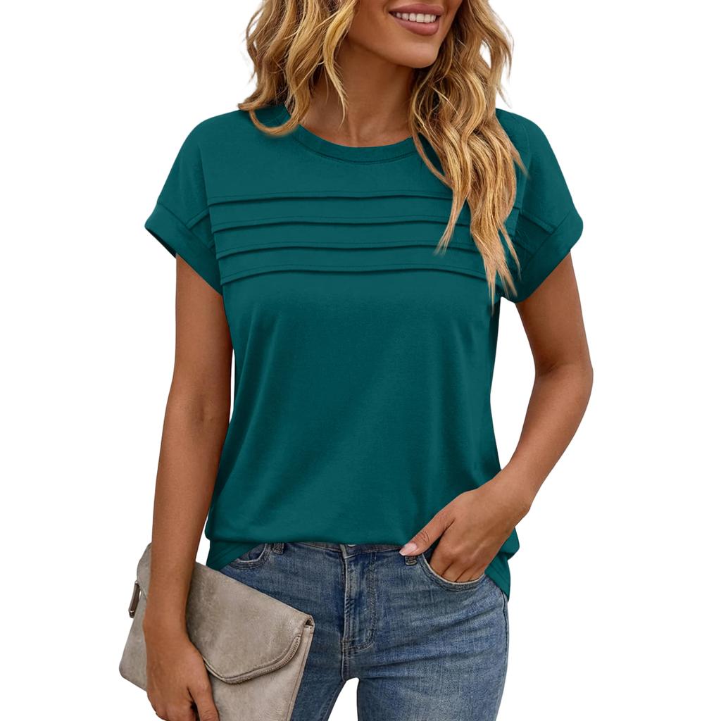 Women's Casual Top Monochrome Pleated Top Round Neck Short Sleeved Shirt