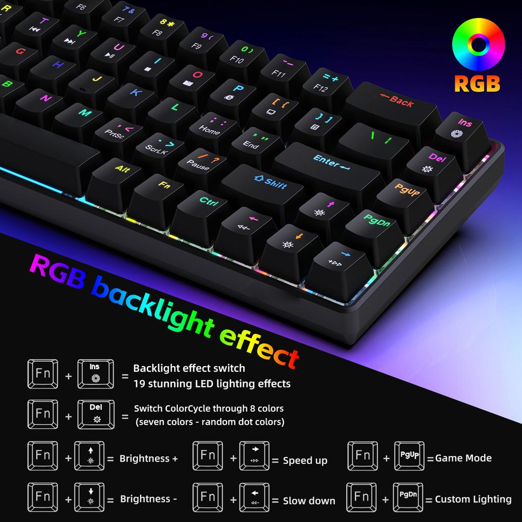 68 Keys Mechanical Keyboard Hot Swappable Red Switch RGB Backlit Wireless Wired BT 5.0 Black 3 Mode
