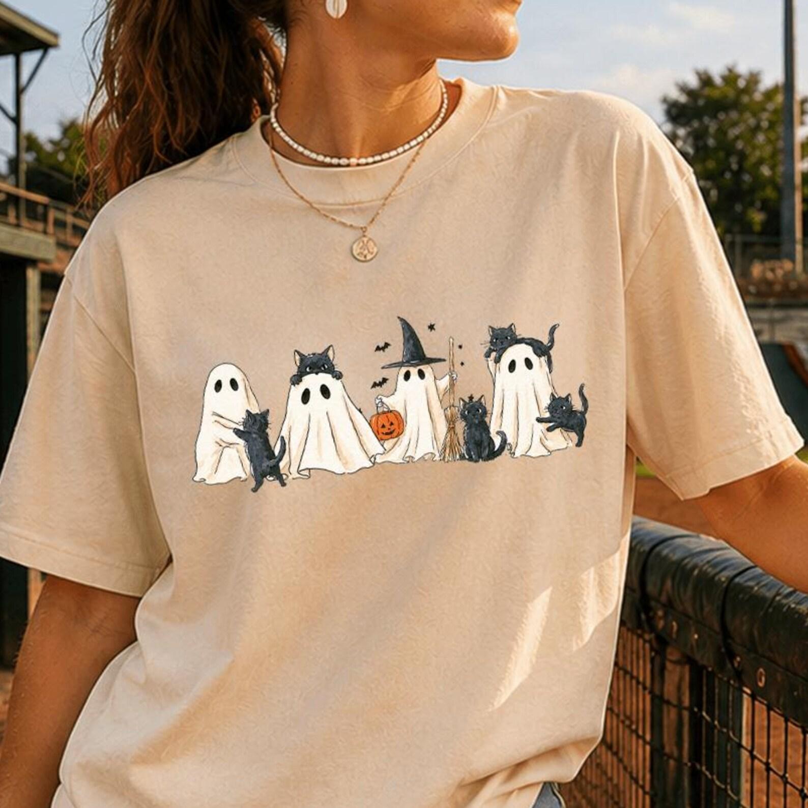 Halloween Black Cat & Ghost Bella Canvas Shirt, Halloween Ghost Tshirt, Spooky Season Cat Tee, Halloween Cute Women Outfit, Halloween Gift 2XL