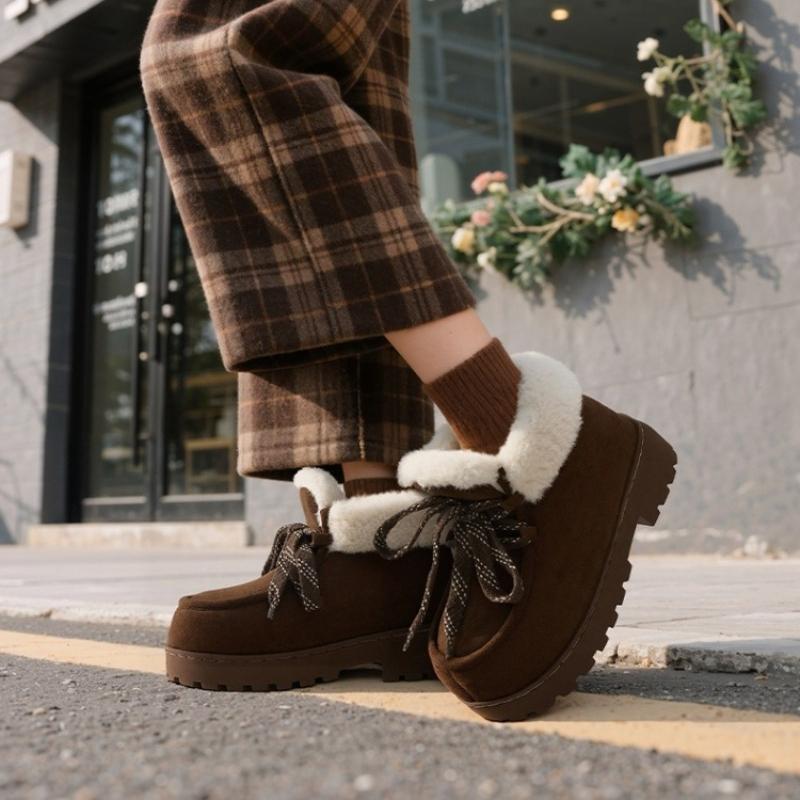 Fashion Winter Warm Fluffy Lace Up Ankle Boots for Women Retro Brown Faux Suede Platform Boots Comfort Anti Slip Chunky Heel Snow Boots