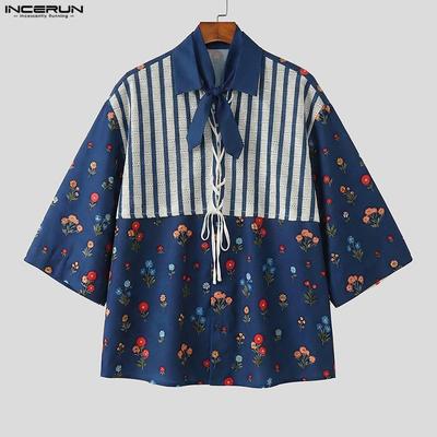 Summer Men Lapel Neck Short Sleeve Floral Print Lace Patchwork Casual Hawaiian Shirts