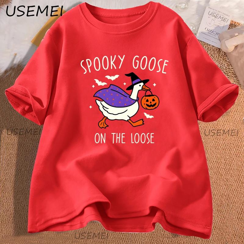 Spooky Goose T Shirt Halloween Tshirt Witchy Silly Goose Lover Tee Trick or Treat Graphic T Shirts Cotton Short Sleeve Tops S
