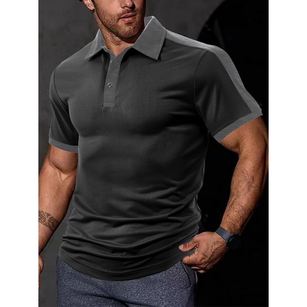 Men's Casual Sporty Color-blocked Shirt, Men's Lapel Short-sleeved T-shirt Top
