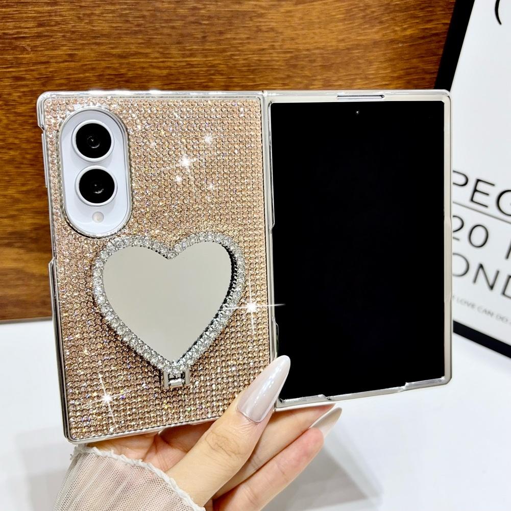 Shiny Rhinestone Heart Mirror Stand Phone Case For Samsung Z Fold 8 Fold8 Ultra Galaxy Z Fold 7 6 5 Plated Frame Glitter Cover