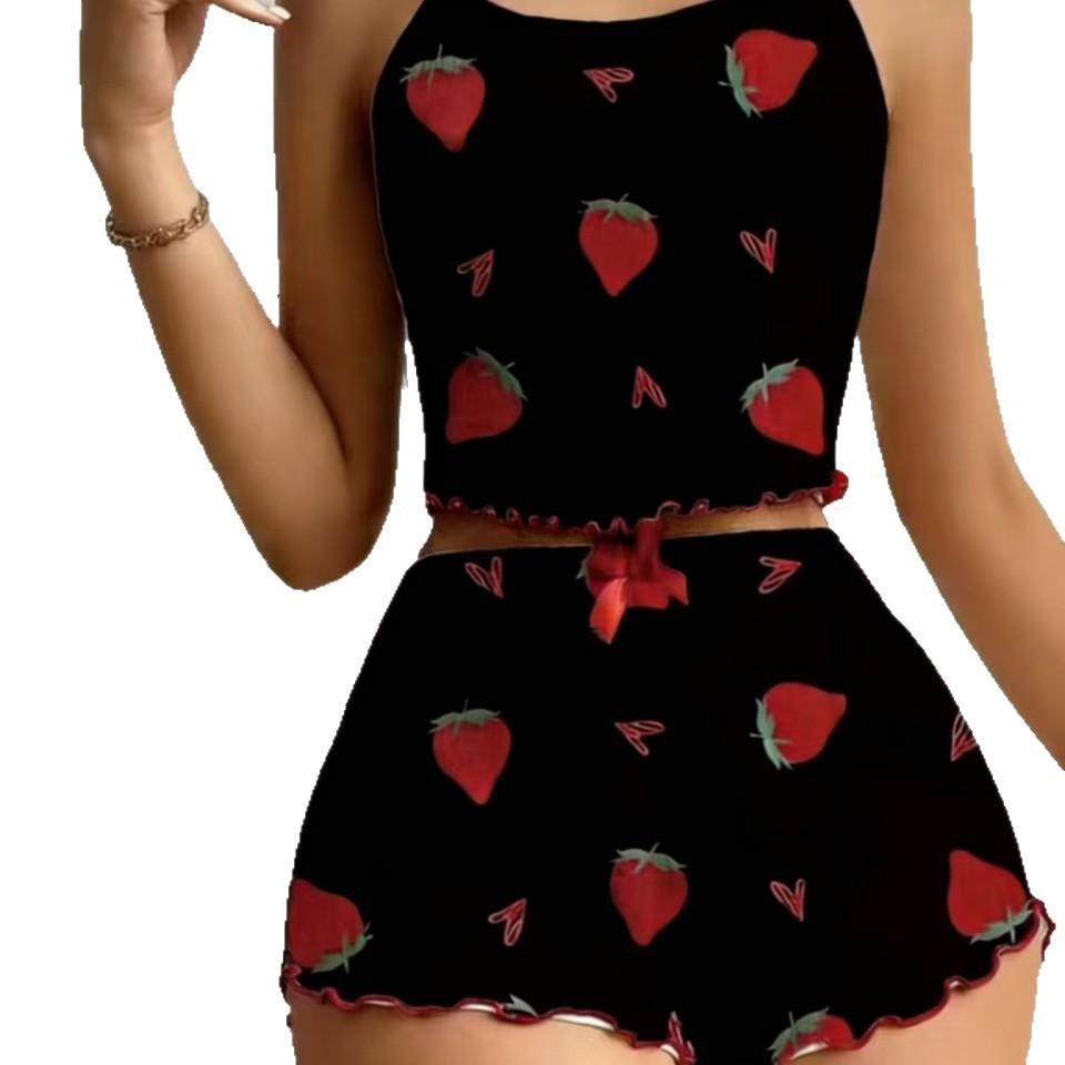 European and American Strawberry Love Printing Pit Strip Set Suspender Shorts Two-piece Set Women's Loungewear