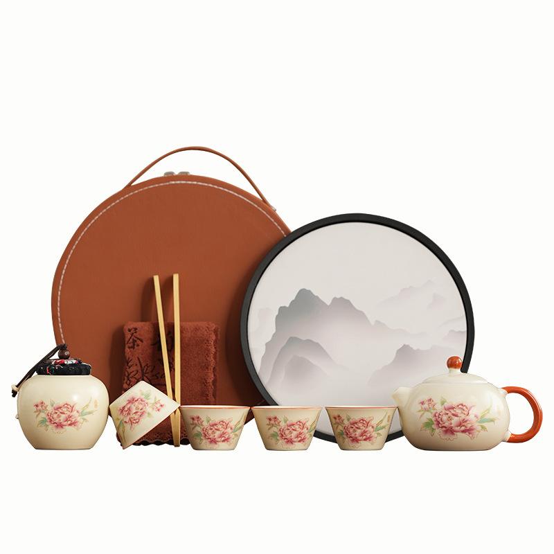 

Kung Fu brewing teapot travel tea set portable outdoor Ru kiln one pot four cups express cup carry-on bag set