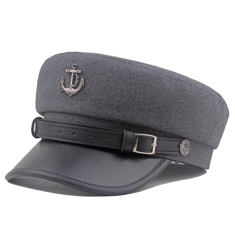 Podzim Zima Námořnický klobouk Loď Kotva Opasek Spona Klobouk okraj Vlněný Plochý klobouk Sailor Hat Dámský Malovaný klobouk Vojenské kšiltovky