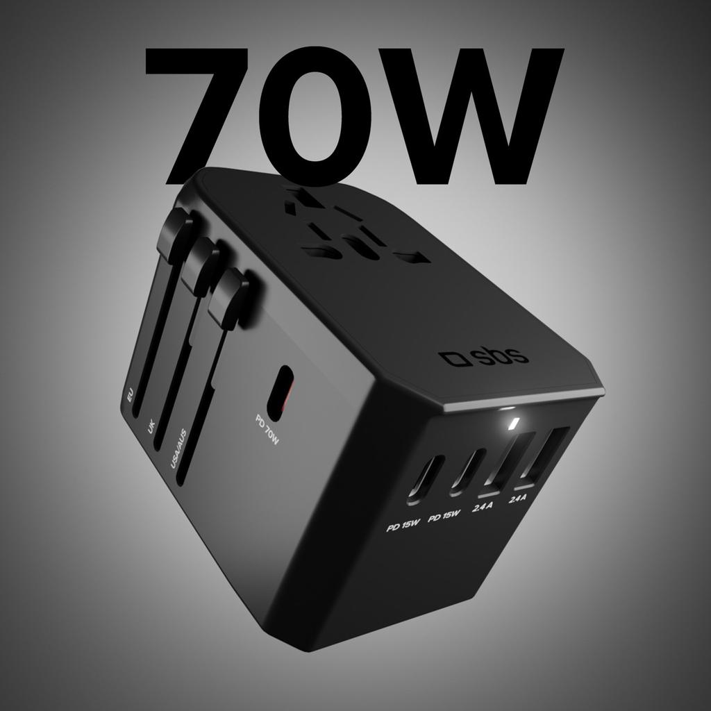 Adapter podróżny przejściówka do gniazdek EU UK US AUS USB-C USB-A GaN 70W - czarny