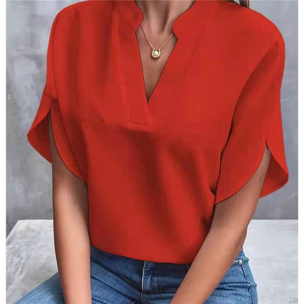2024 Summer Women's V-neck Solid Color Casual Short-sleeved Pullover Shirt