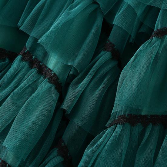 Women Skirt High Waist A-line Big Swing Ruffle Contrast Color Scattered Hem Pleated Patchwork Princess Style Elastic Waist Ankle Length Maxi Skirt