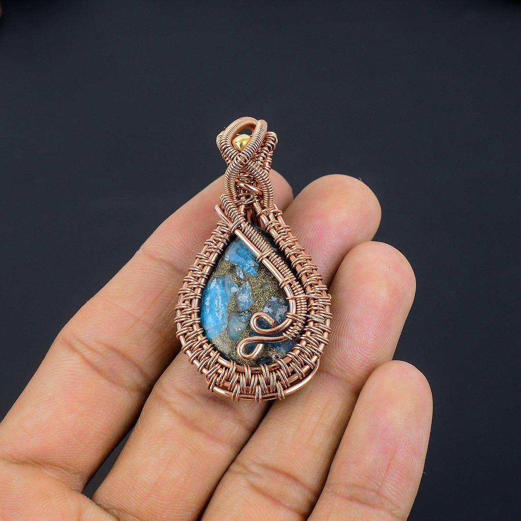 Copper Neon Apatite Pendant Gemstone Jewelry, 999 Copper Wire Wrapped Handmade Pendant, Latest Design Jewelry