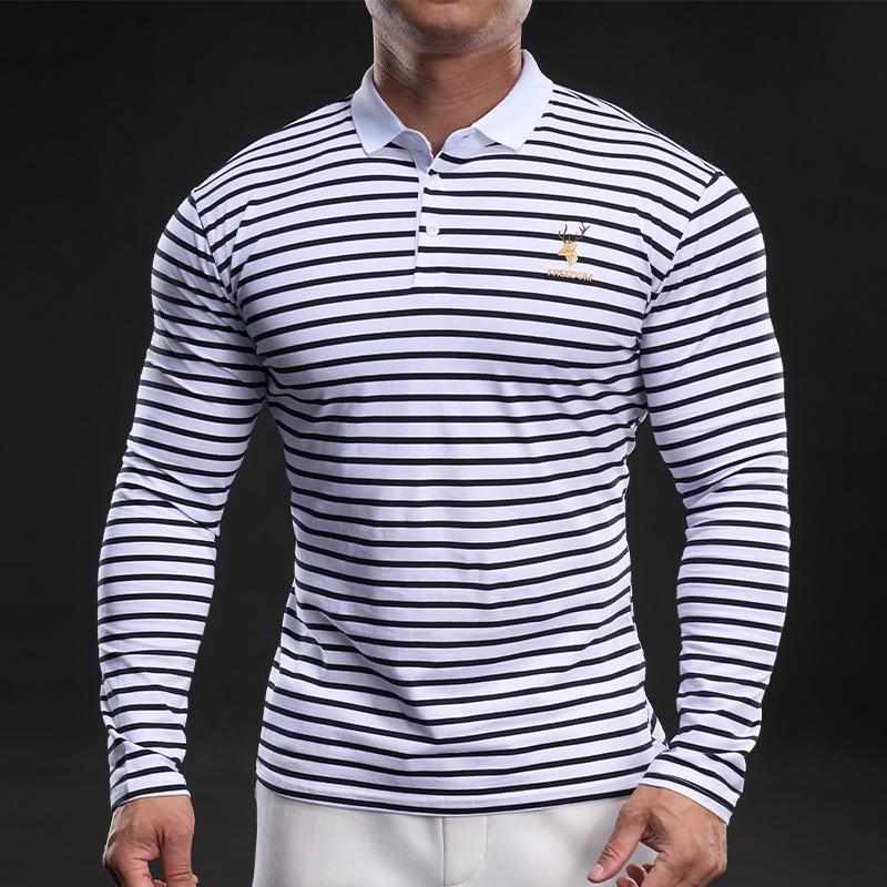 Herre Stripet Basis Skjorte for Menn med Halvhøy Hals Lange Ermer Nytt Temperament Vår og Høst T-skjorte Bomull