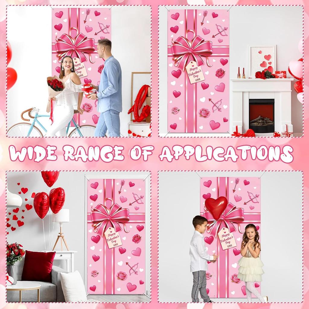 Happy Valentine's Day Door Cover Decoration Pink Bow Gift Box Door Banner Valentines Day Love Heart Hanging Banner Valentine Present Backdrop for
