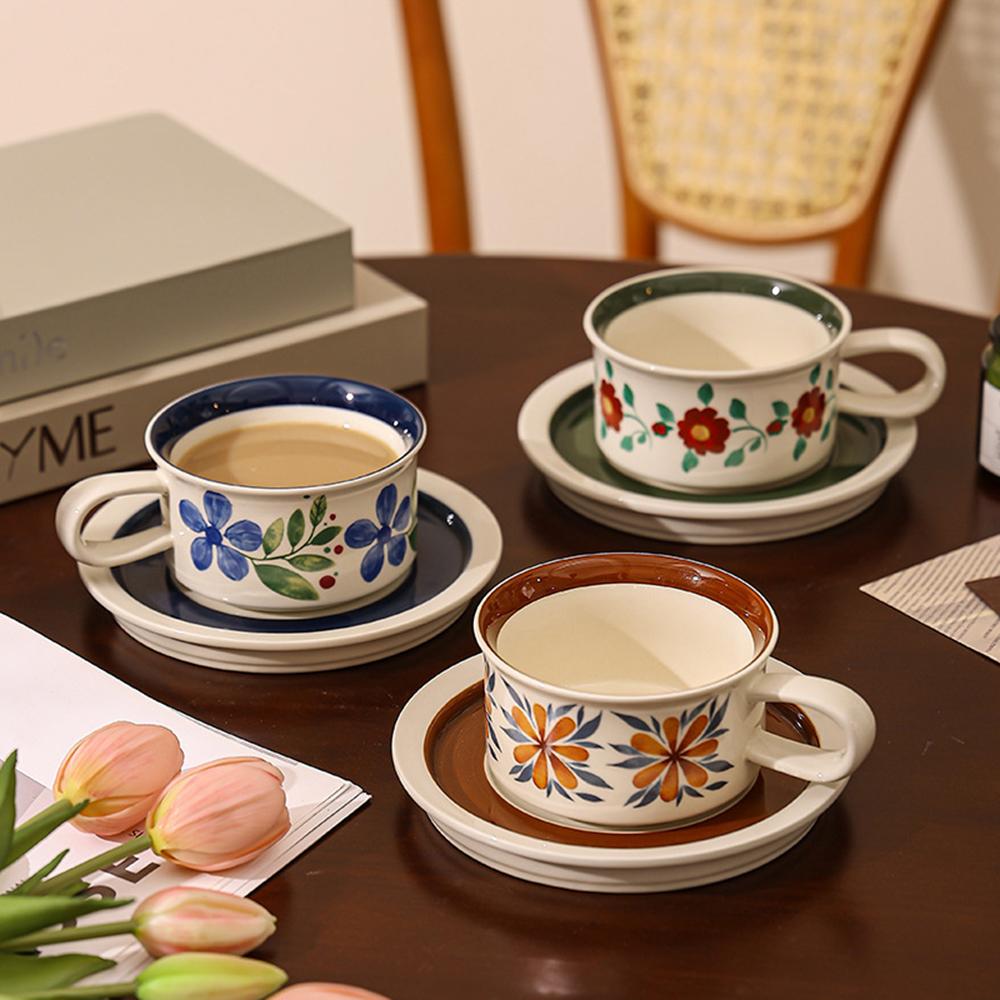 Vintage Pattern Ceramic Cup Saucer Set Floral Print Coffee Mug Colorful Drinkware Retro Style Unique Design for Home Tableware