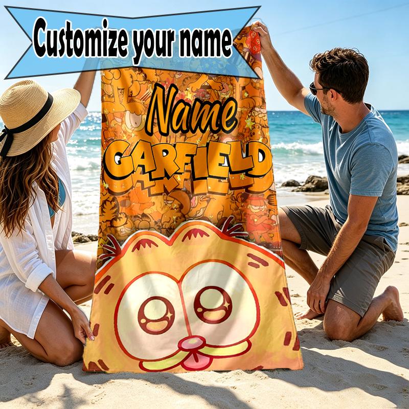 Custom Name Personalized Garfield Print Beach Towel, for Trip Camping Beach Party Home Decor, Birthday Gift for Family & Friends