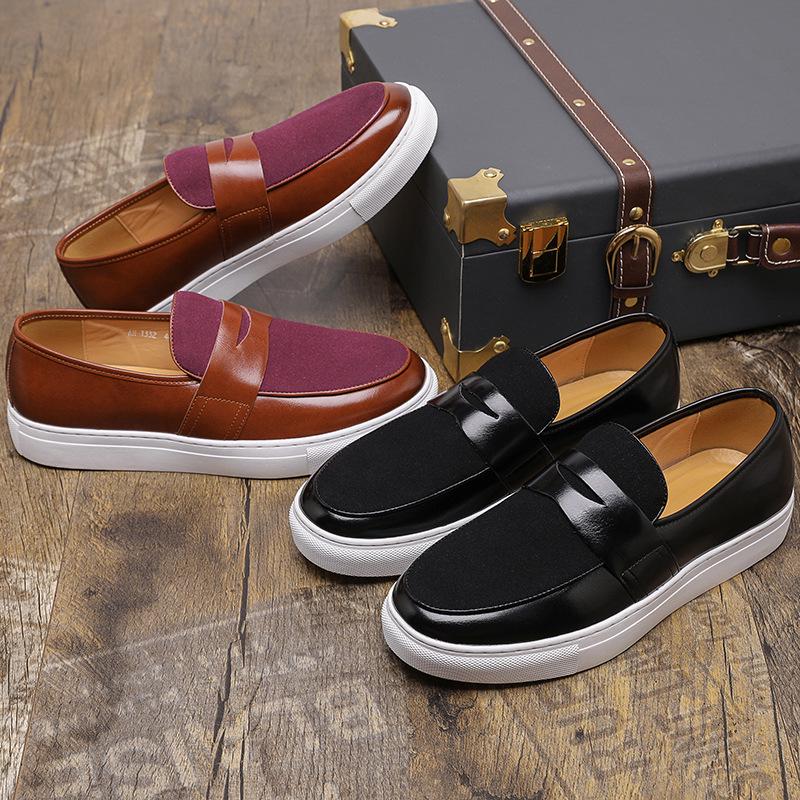 2025 British Style Plus Size Low-Top Skate Shoes: Round Toe Leather Casual Sports Loafers for Men.