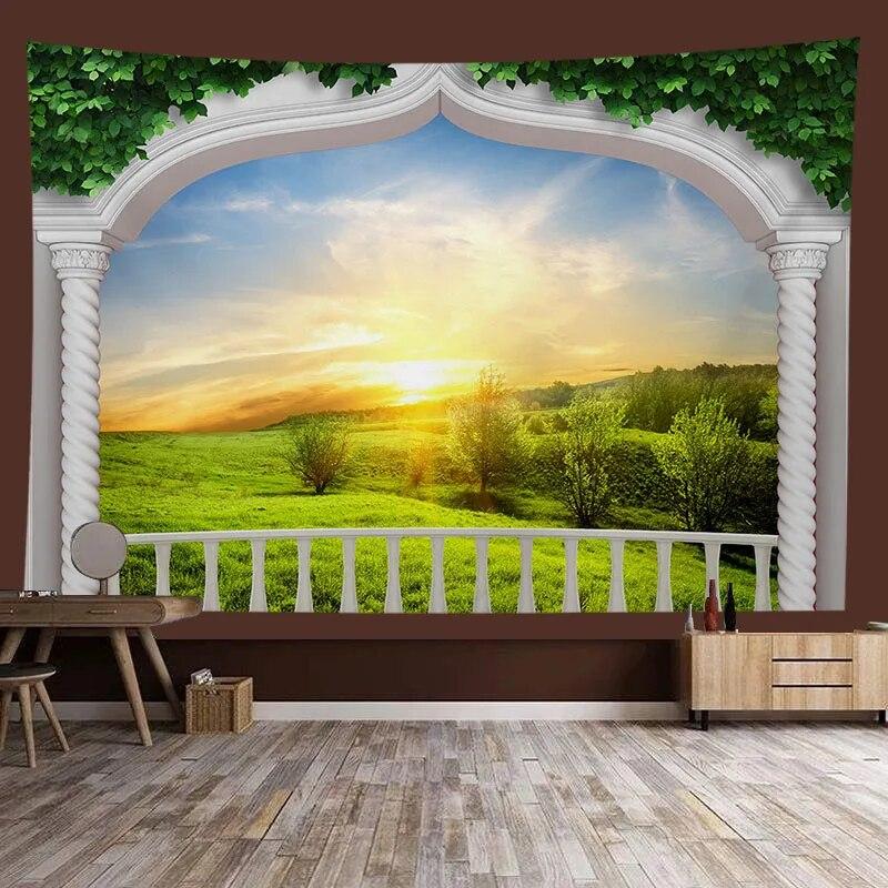 Window Sill Garden Beach View Large Tapestry Wall Hanging Bohemian Hippie Tapestry Room Aesthetic Living Room Home Decoration