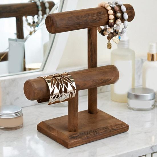 Jewelry Rack Solid Wood Jewelry Holder with Double-Layer T-Shaped Design Display Stand for Necklaces Bracelets Watches