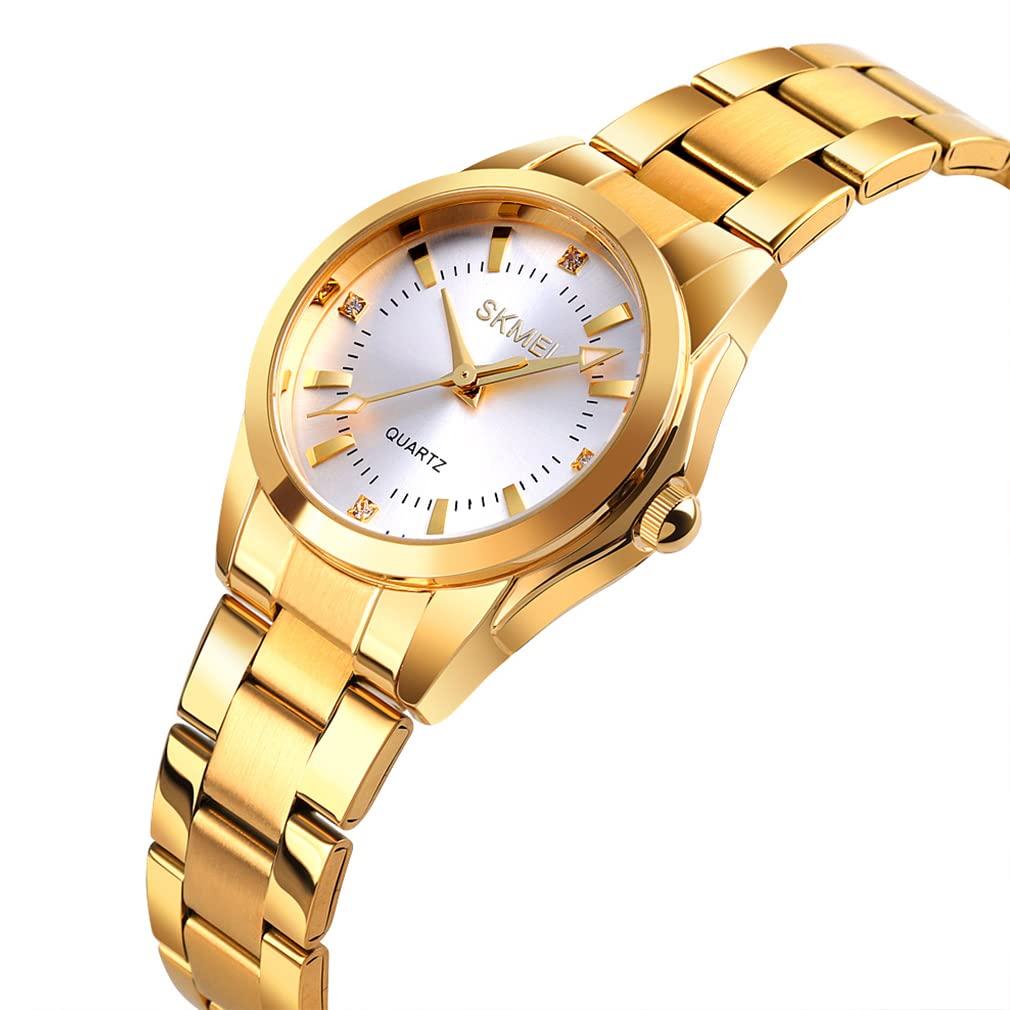 SKMEI hodinky stylové nerezové oceli vodotěsné obchodní klasické náramkové hodinky dámské analogové quartzové značkové ležérní jednoduché hodinky luxusní dárek zlaté hodinky