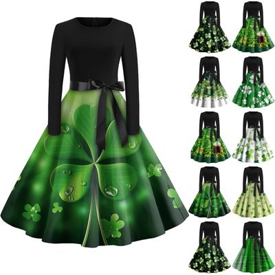 Women's Fashion Round Neck Casual Slim St Patrick's Day Printed Long Sleeve Dresses