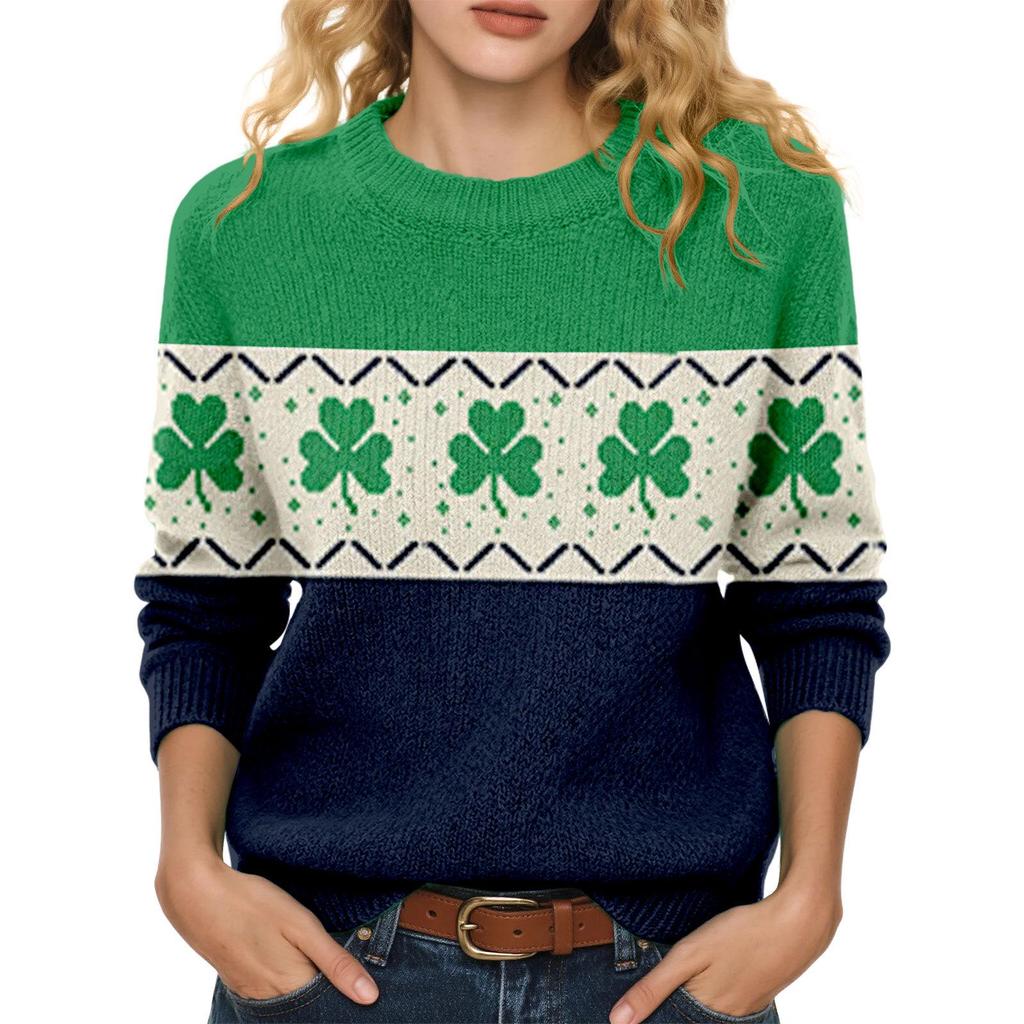 LXF-YT52 Saint Patrick's Day Fair Isle Pullover Sweater - Long Sleeve, Spring and Autumn Fashion.