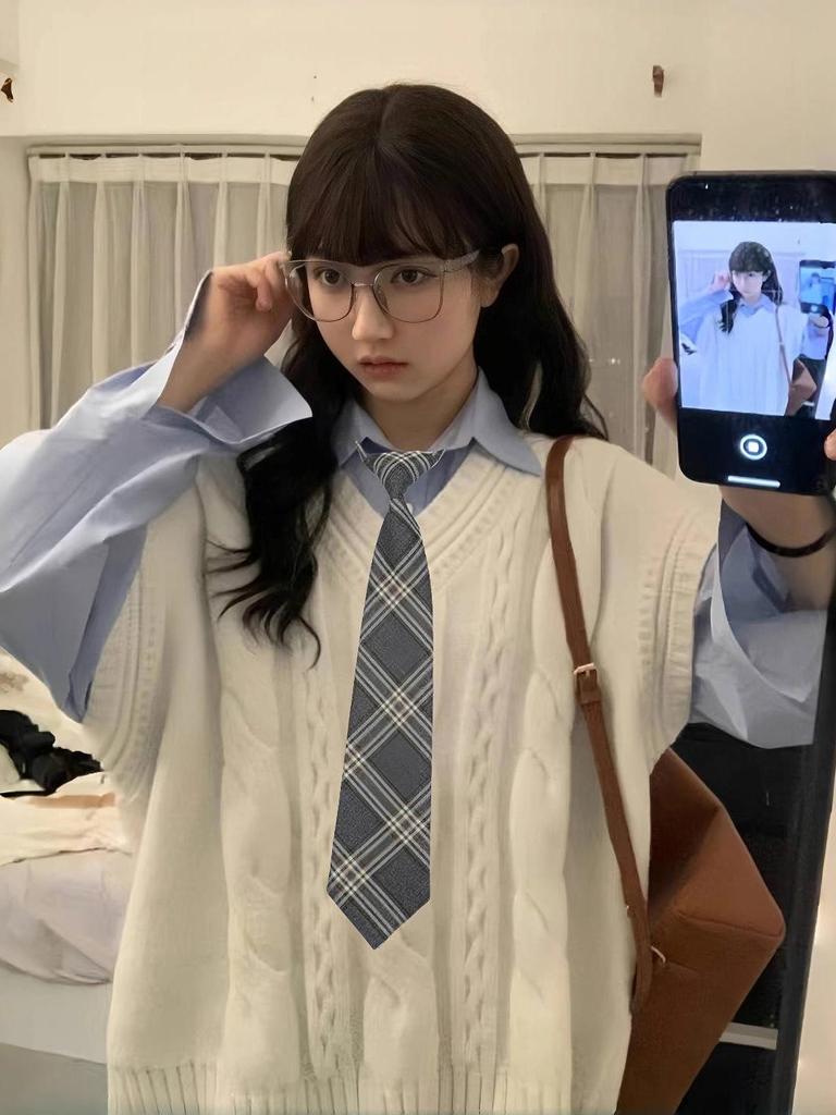 Women's Preppy Korean Knitted Vest & Shirt Set - Spring/Autumn JK Style