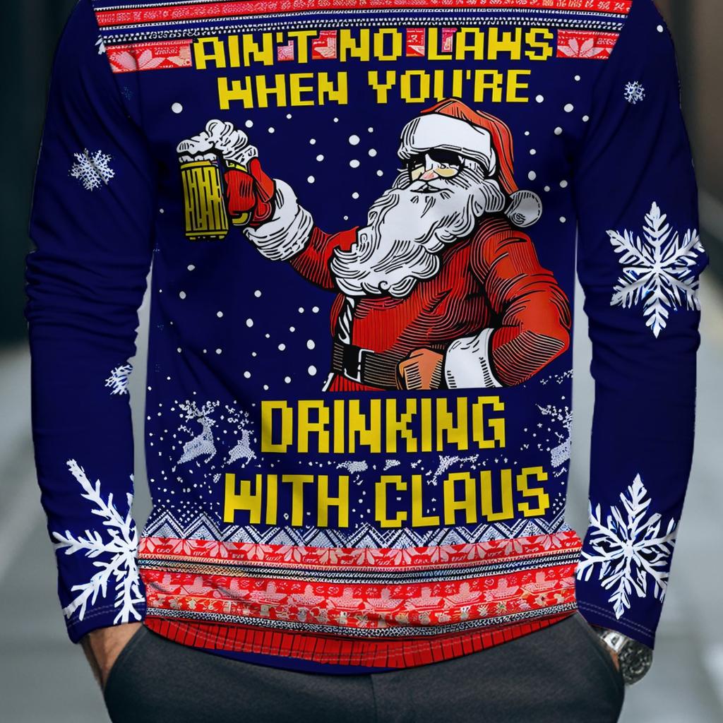 Men's Christmas-themed printed long-sleeved T-shirt, stylish and casual crew neck undershirt, suitable for holiday parties.