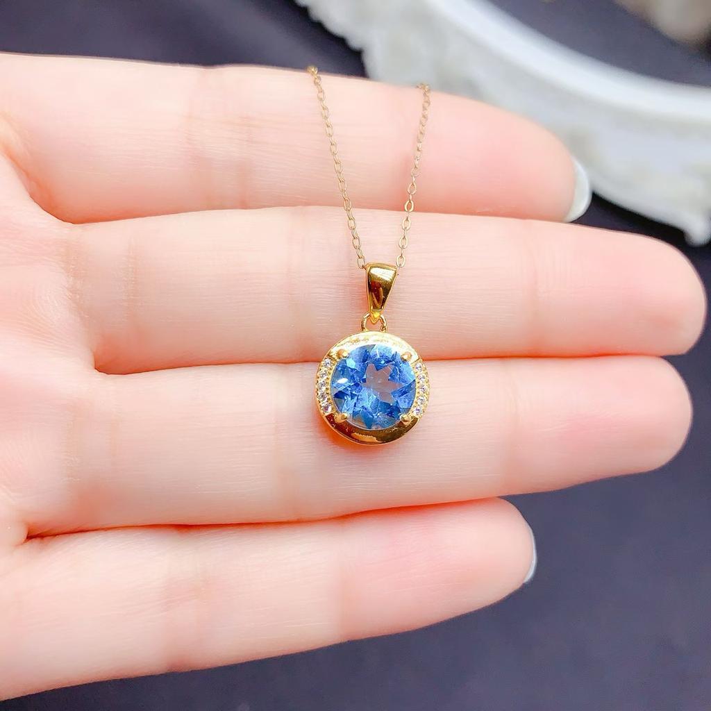 925 Sterling Silver Plated Blue Topaz Fashionable Bohemian Style Anniversary Commemorative Women's Exquisite Pendant Necklace