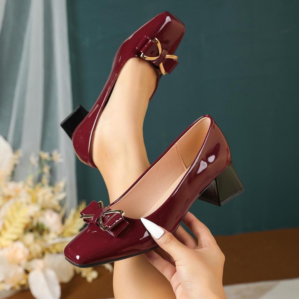 Damen Eckige Zehenpartie Klobiger Absatz Florale High Heels - Lackleder, Übergröße 43, Europäischer & Amerikanischer Stil