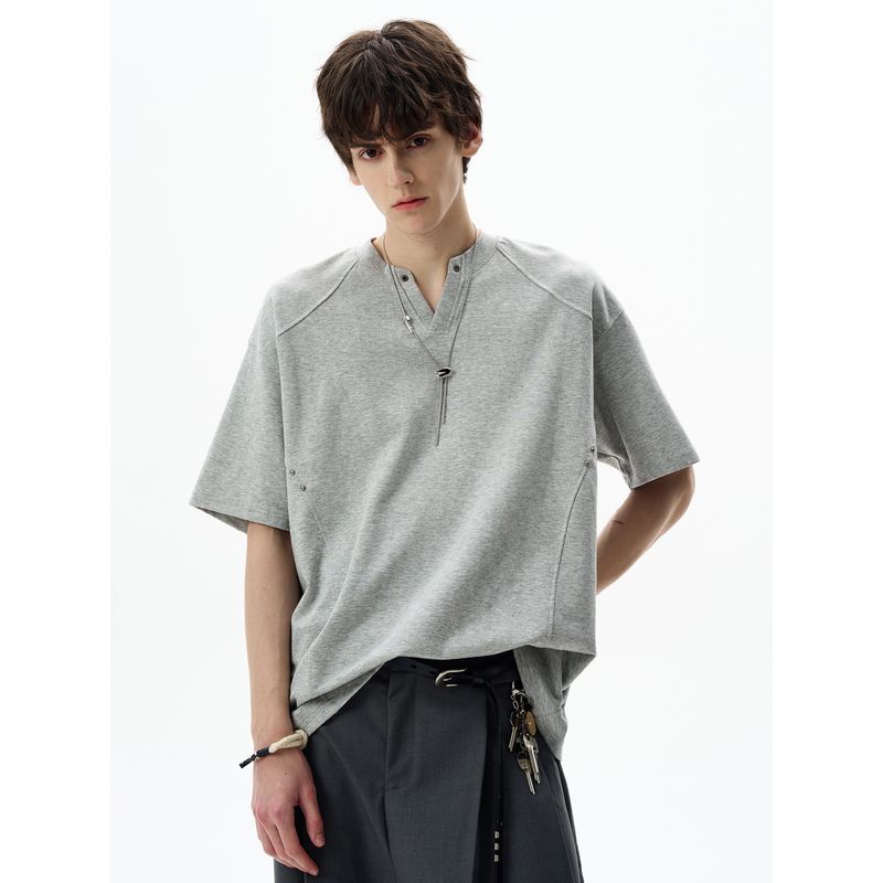 Madwitch Summer Casual Deconstructed Design Small V-Neck Short-Sleeved Unisex Loose Versatile Vibe High-End T-Shirt