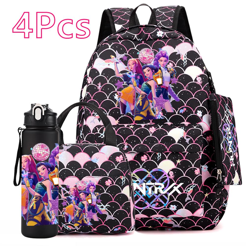 4 Adet/set KPOP Sırt Çantası El Çantası Kalemlik 750Ml Matara Genç Erkek Kız İçin Büyük Kapasiteli Kitap Çantası Karikatür Baskılı Okul Çantası Mochila