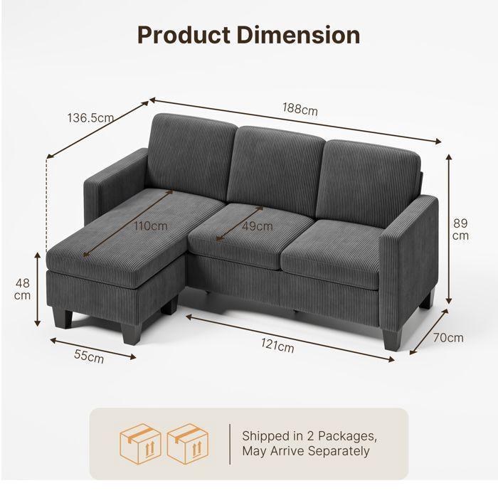 Divano ad angolo reversibile - Bealife - Divano modulare a L - 3 posti - Pouf - Velluto a coste - Grigio - 188 x 136 x 89 cm
