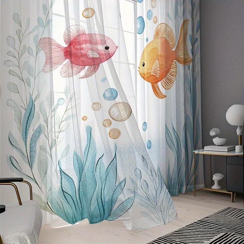 2PCS Digital Printing Sheer Curtain, Watercolor Ocean Fish Seaweed Pattern, Cute Cartoon Nautical Kids Bedroom Home Decor