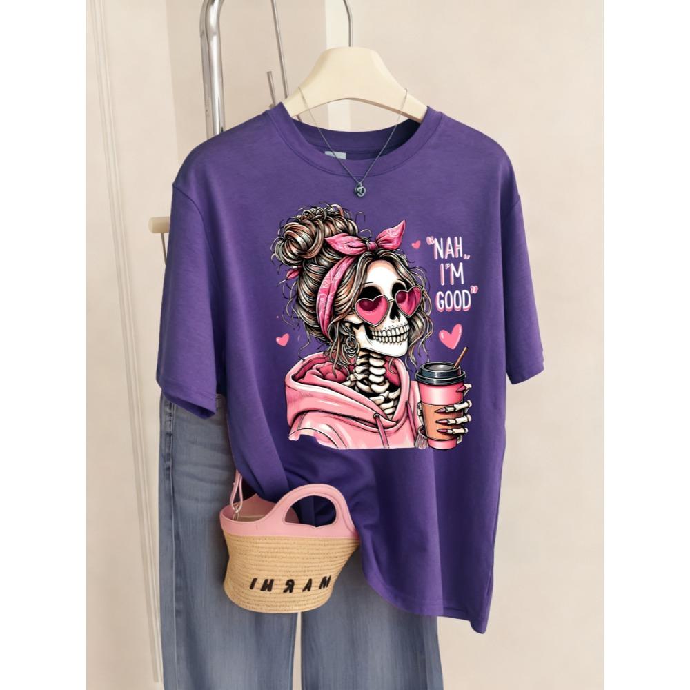 I'M Good Coffe Skulls Printed T-Shirt Women Crewneck Casual T Shirts Comfortable Summer Short Sleeve Soft Tee Top