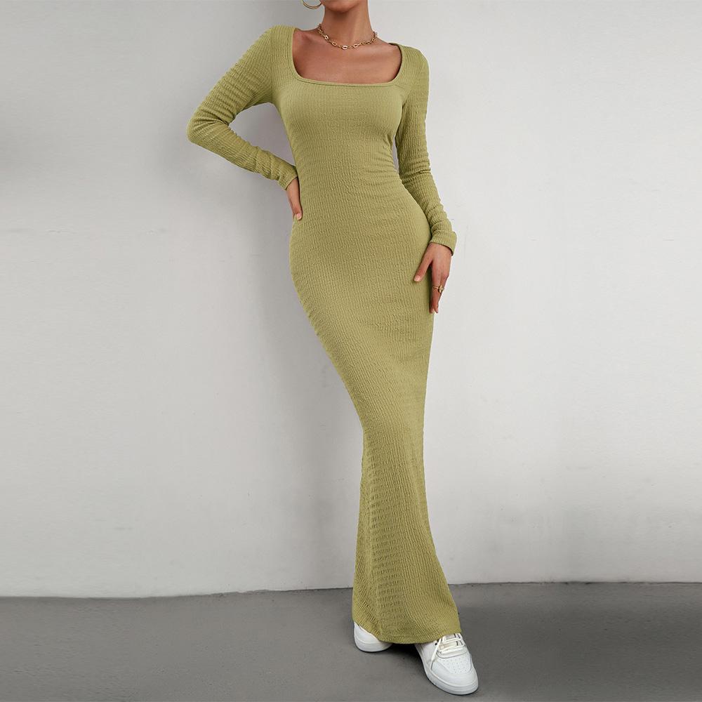Abito da donna in maglia tinta unita a maniche lunghe con scollo quadrato slim fit autunno