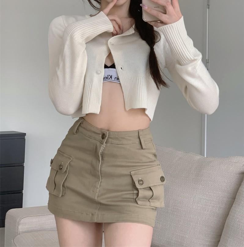 

Khaki High Waist A-line Denim Skirt for Women - American Retro Style, Anti-Exposure Design, Perfect for Hot Girls L хаки