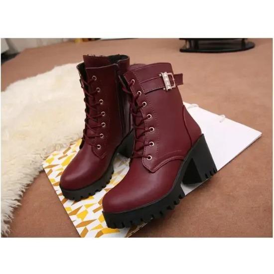 Women Boots Lace Up Flat Biker  Wine Red Boots Shoes Buckle Woman Botas Women Boots
