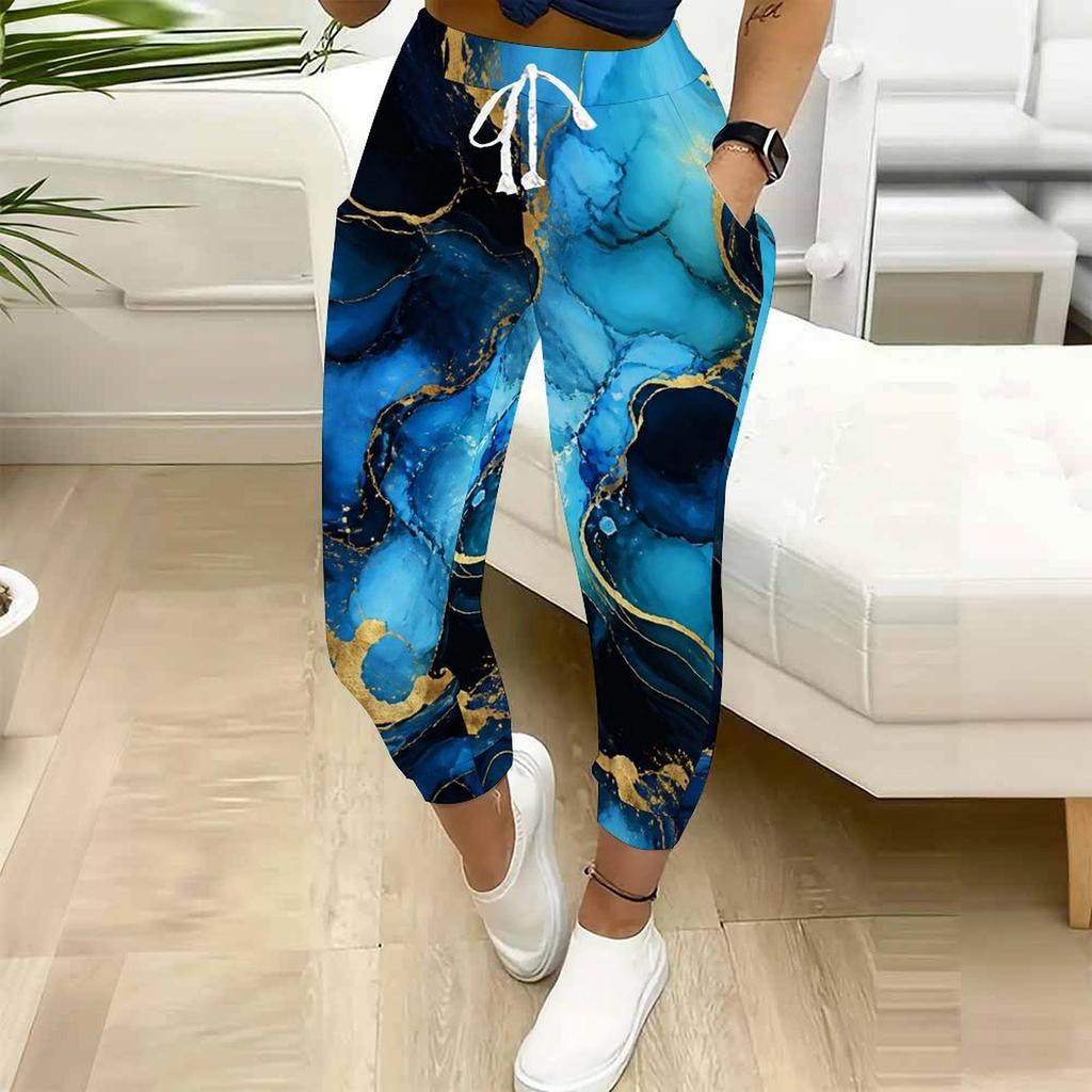 Women Plus Size Blue Gold Marble Printed Drawstring Waist Side Pockets Cuffed Ankle Jogger Pants