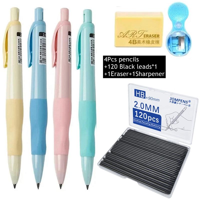 New 2.0mm Mechanical Pencils Set 4PCS Colorful Pencils + Lead Refills+Eraser + Sharpener Stationery Set for School Art Sketching