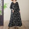 Plus Size Cotton Linen Printed Round Neck Long Sleeve Holiday Dress