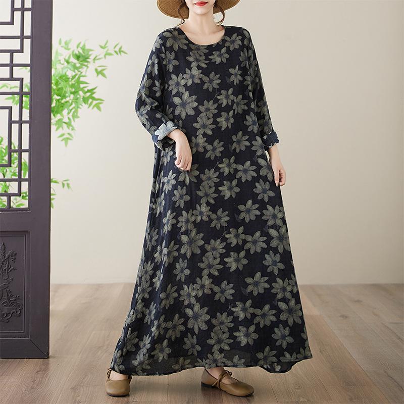 Plus Size Cotton Linen Printed Round Neck Long Sleeve Holiday Dress 2XL