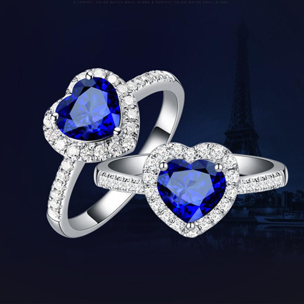 Sapphire Gemstones Blue Crystal Rings for Women Love Heart White Gold Silver Color Zircon Diamonds Jewelry Bijoux Bague Gift