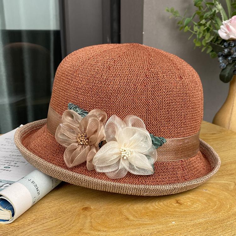 French elegant curled top hat women's summer small edge mother basin hat sunscreen travel visor breathable bucket hat