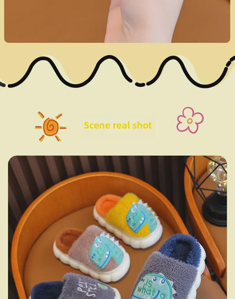 Kids' Dinosaur Plush Slippers: Non-Slip, Warm Cotton for Boys, Autumn/Winter